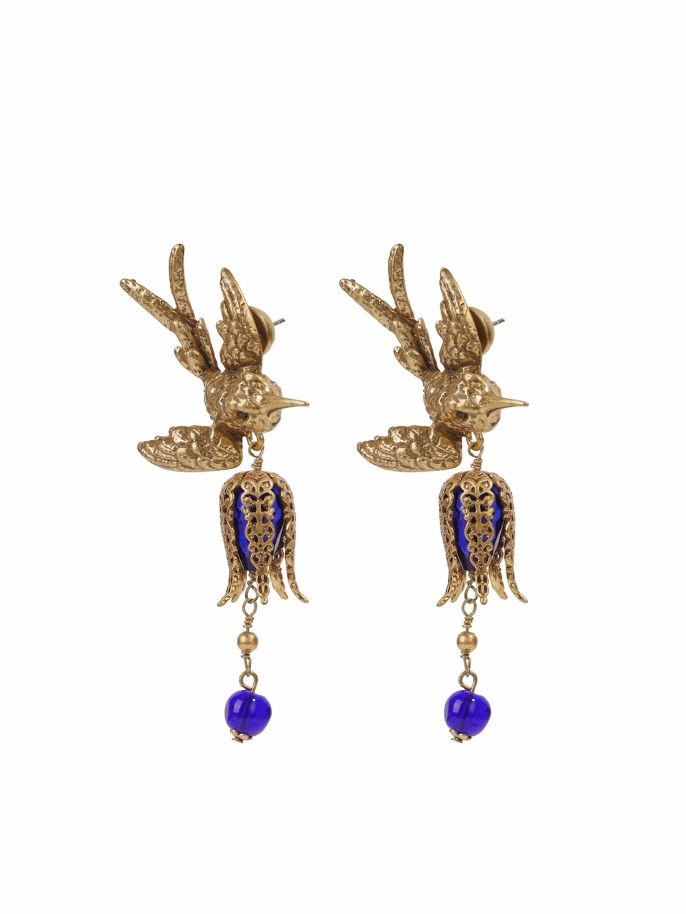 Gold Bird Drop Earrings with Blue Accents - Unbranded 925 s silver posts